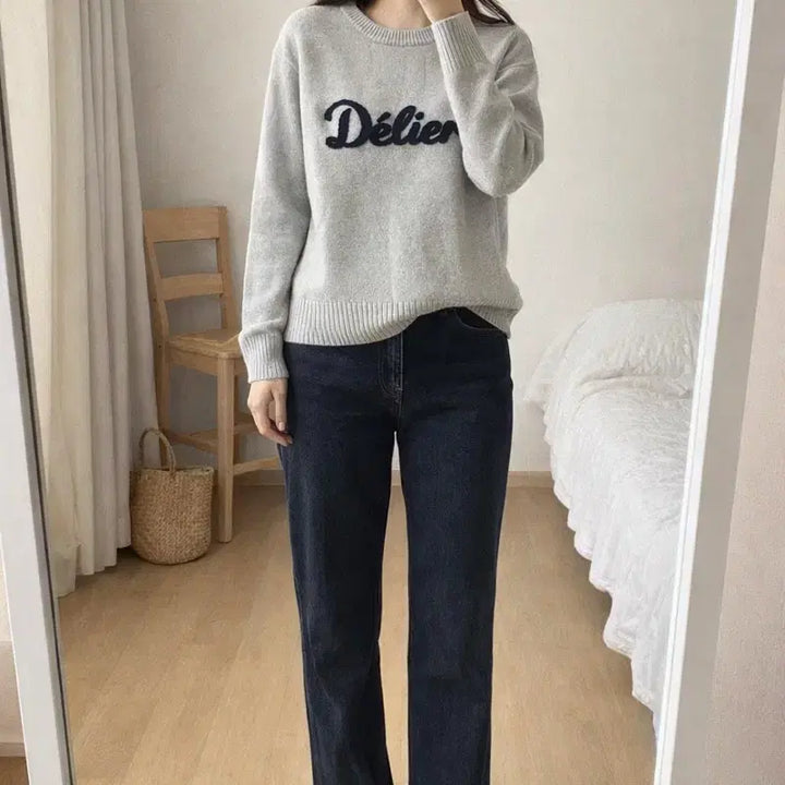 [BUNJANG] Gray Embroidered Knit Sweater / 그레이 자수 니트 / 루즈핏 55-66/데일리룩/간절기 니트/JPN