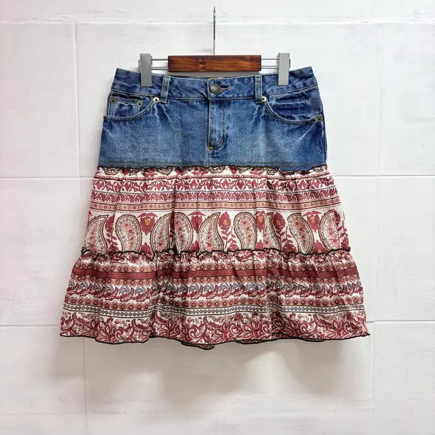 [BUNJANG] C.O.L.Z.A Patchwork Denim Skirt / C.O.L.Z.A 패치워크 히피 캉캉 데님 스커트 JPN L