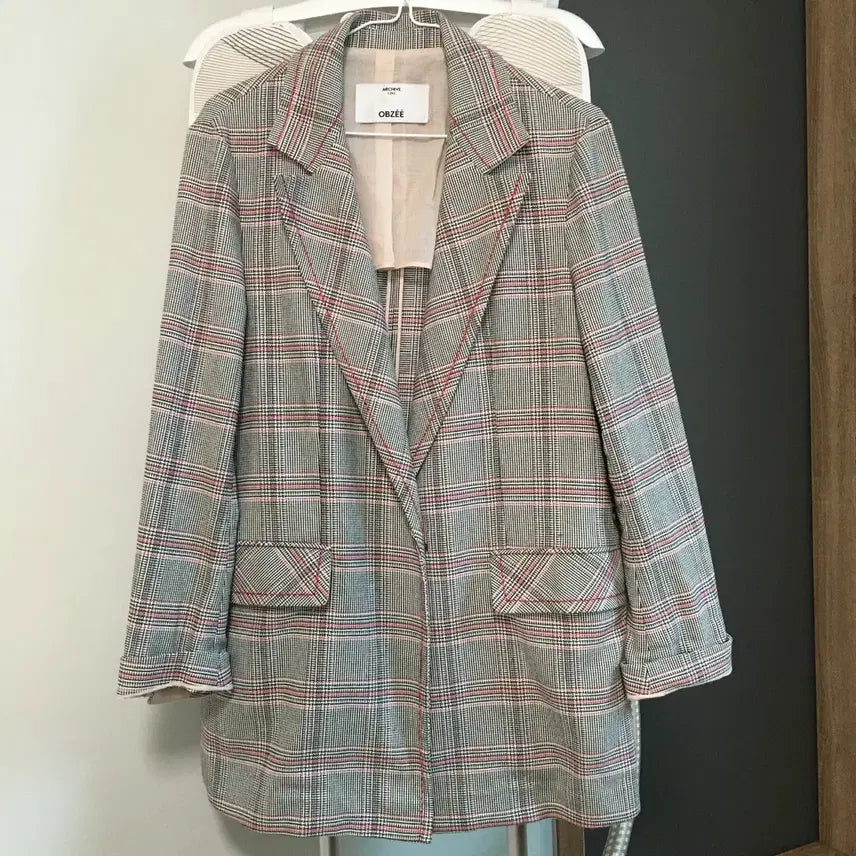[BUNJANG] Obze Light Gray Check Collar Jacket (Size 55) / 한섬 오브제 라이트그레이 체크 카라 자켓 (55)