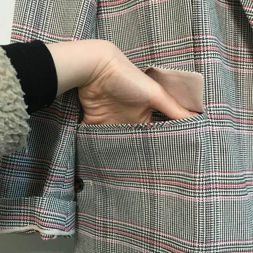 [BUNJANG] Obze Light Gray Check Collar Jacket (Size 55) / 한섬 오브제 라이트그레이 체크 카라 자켓 (55)