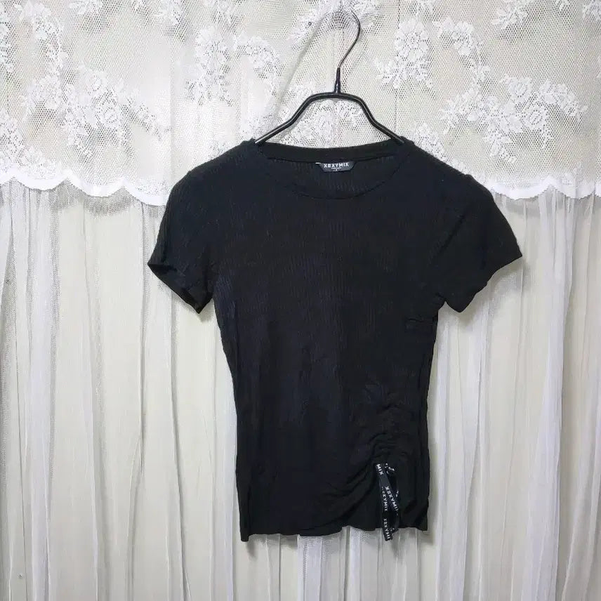 [BUNJANG] Xexymix Black Ribbed Shirred Short Sleeve T-shirt / 젝시믹 블랙 골지 셔링 반팔 티셔츠