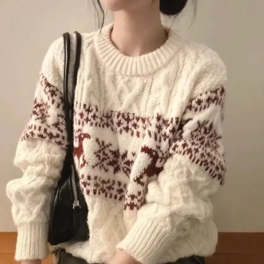 [BUNJANG] Unbranded Nordic Cable Knit Sweater / 꽃사슴 눈꽃 노르딕 꽈배기 니트