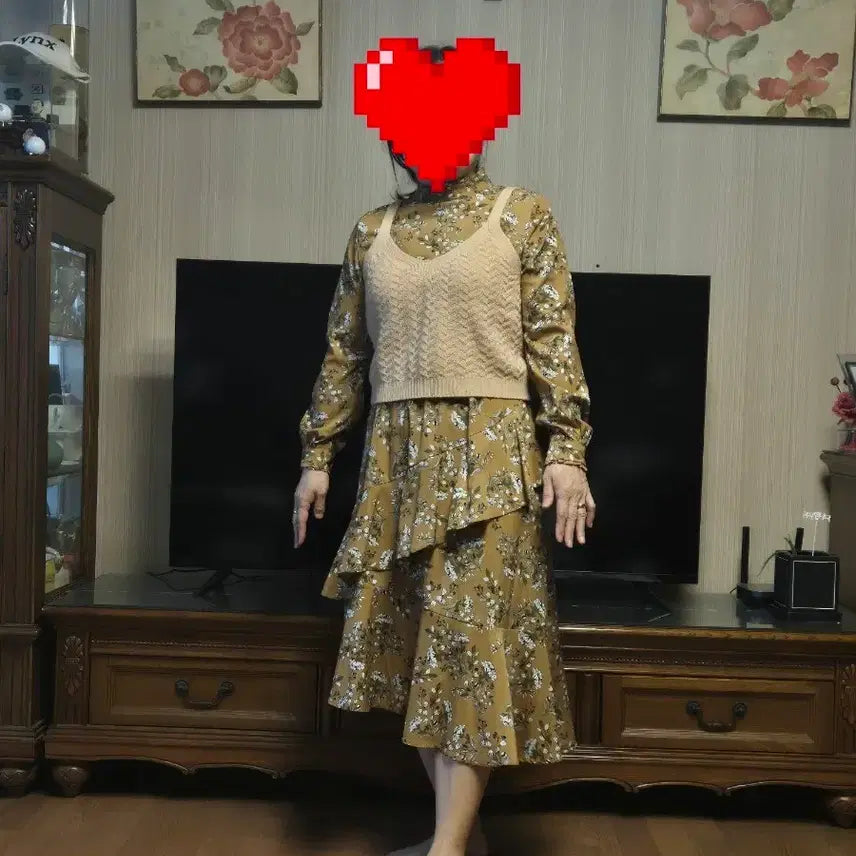 [BUNJANG] Unbalanced Frill Long Dress & Knit Vest Set / 언발란스 프릴 롱원피스+니트베스트 세트