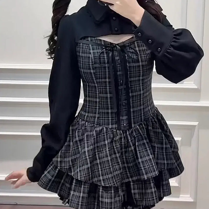 [BUNJANG] Nogenki Checkered Dress Set / 노겐키 체크 원피스 셋업 양산형지뢰계스나계걸리로리타블라우스스커트