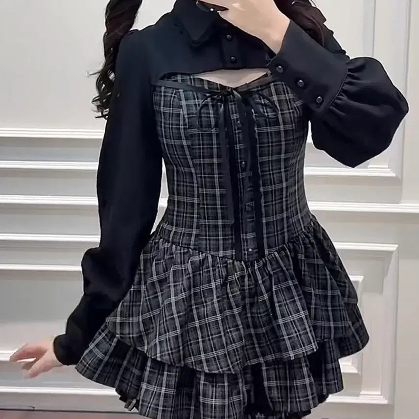 [BUNJANG] Nogenki Checkered Dress Set / 노겐키 체크 원피스 셋업 양산형지뢰계스나계걸리로리타블라우스스커트