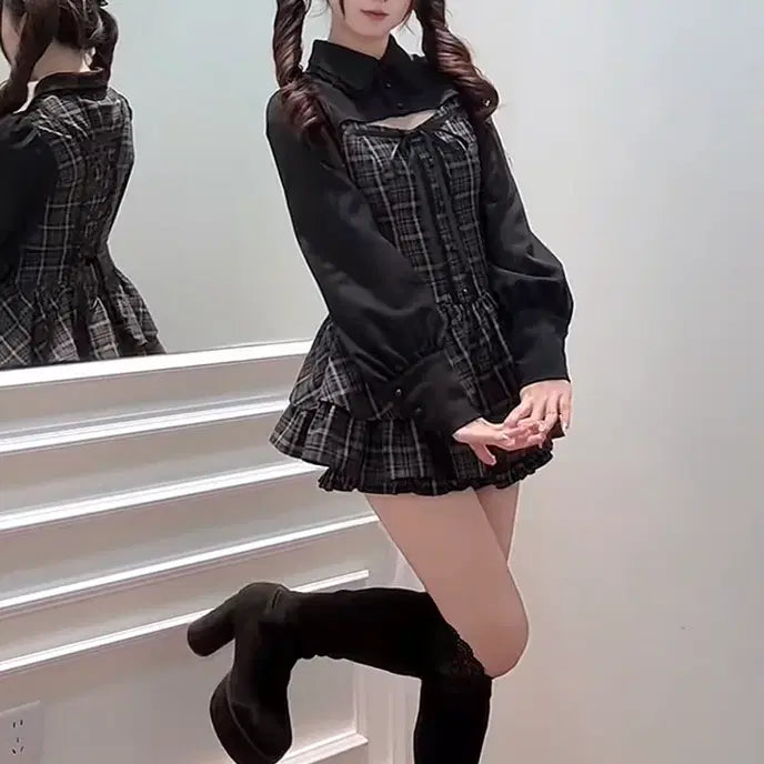 [BUNJANG] Nogenki Checkered Dress Set / 노겐키 체크 원피스 셋업 양산형지뢰계스나계걸리로리타블라우스스커트