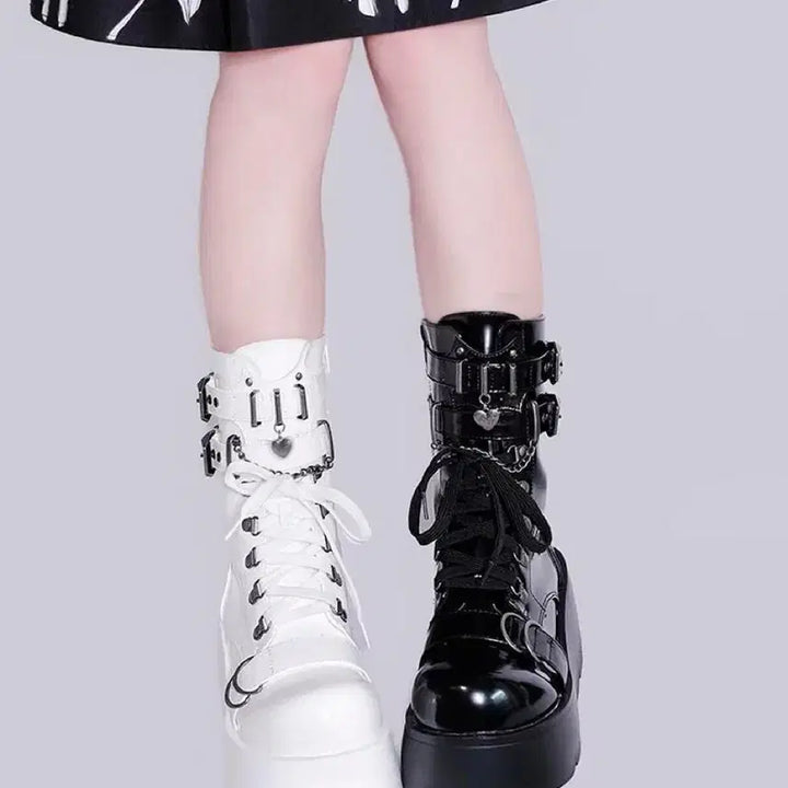[BUNJANG] Punk Platform Short Boots with Metal Chain / 전학생 펑크 지뢰계 통굽 숏부츠 금속체인 장식 플랫폼 단화 부츠(2컬러)