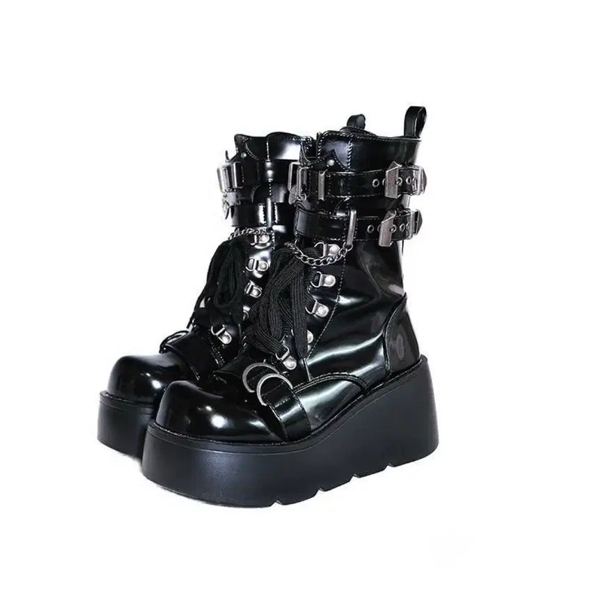 [BUNJANG] Punk Platform Short Boots with Metal Chain / 전학생 펑크 지뢰계 통굽 숏부츠 금속체인 장식 플랫폼 단화 부츠(2컬러)