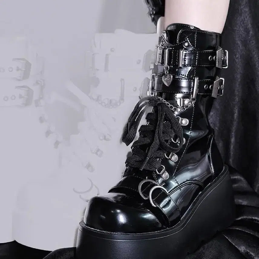 [BUNJANG] Punk Platform Short Boots with Metal Chain / 전학생 펑크 지뢰계 통굽 숏부츠 금속체인 장식 플랫폼 단화 부츠(2컬러)