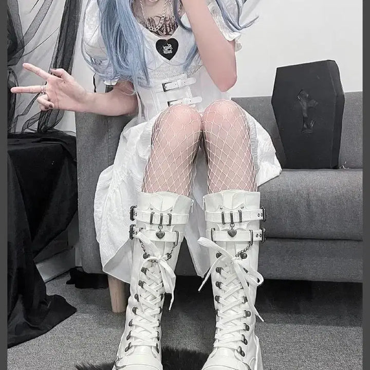 [BUNJANG] School Student Metal Buckle Chain Platform Long Boots / 전학생 지뢰계 펑크 통굽 롱부츠 금속버클 체인 장식 플랫폼 단화(2컬러)