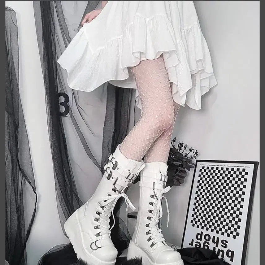 [BUNJANG] School Student Metal Buckle Chain Platform Long Boots / 전학생 지뢰계 펑크 통굽 롱부츠 금속버클 체인 장식 플랫폼 단화(2컬러)