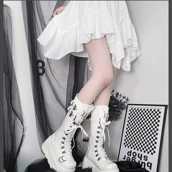 [BUNJANG] School Student Metal Buckle Chain Platform Long Boots / 전학생 지뢰계 펑크 통굽 롱부츠 금속버클 체인 장식 플랫폼 단화(2컬러)