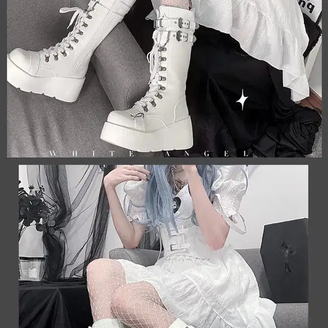 [BUNJANG] School Student Metal Buckle Chain Platform Long Boots / 전학생 지뢰계 펑크 통굽 롱부츠 금속버클 체인 장식 플랫폼 단화(2컬러)