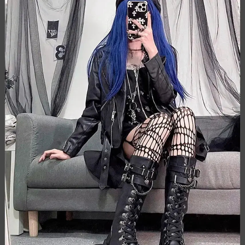 [BUNJANG] School Student Metal Buckle Chain Platform Long Boots / 전학생 지뢰계 펑크 통굽 롱부츠 금속버클 체인 장식 플랫폼 단화(2컬러)