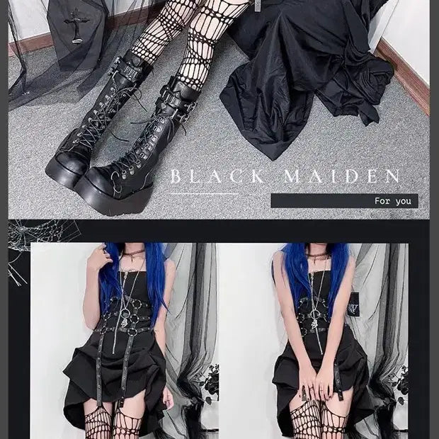 [BUNJANG] School Student Metal Buckle Chain Platform Long Boots / 전학생 지뢰계 펑크 통굽 롱부츠 금속버클 체인 장식 플랫폼 단화(2컬러)