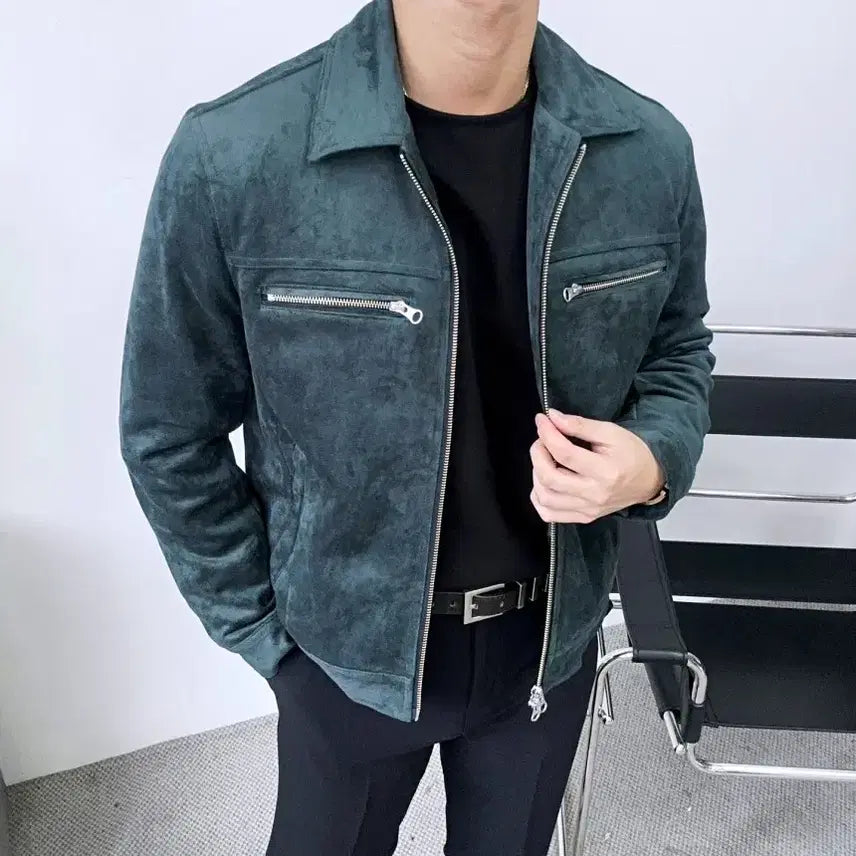 [BUNJANG] Biker Suede Jacket (Green) - Size 100 / 바이커 스웨이드 자켓 (그린) 100사이즈