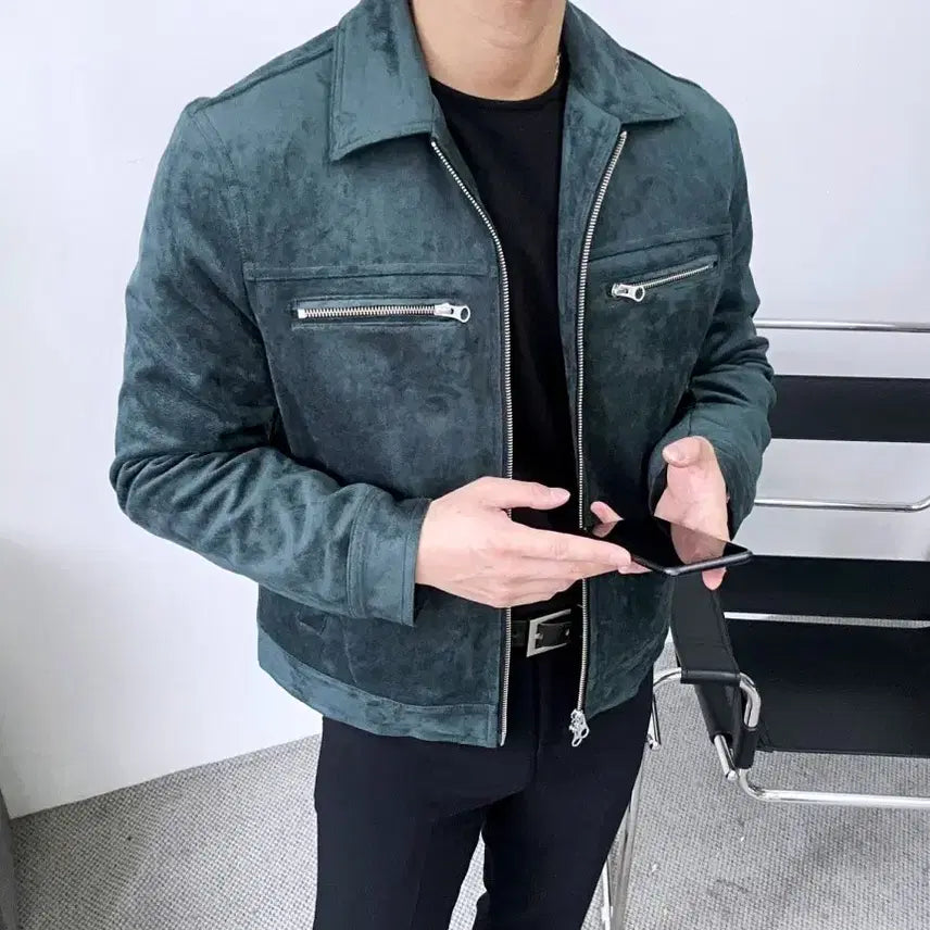 [BUNJANG] Biker Suede Jacket (Green) - Size 100 / 바이커 스웨이드 자켓 (그린) 100사이즈