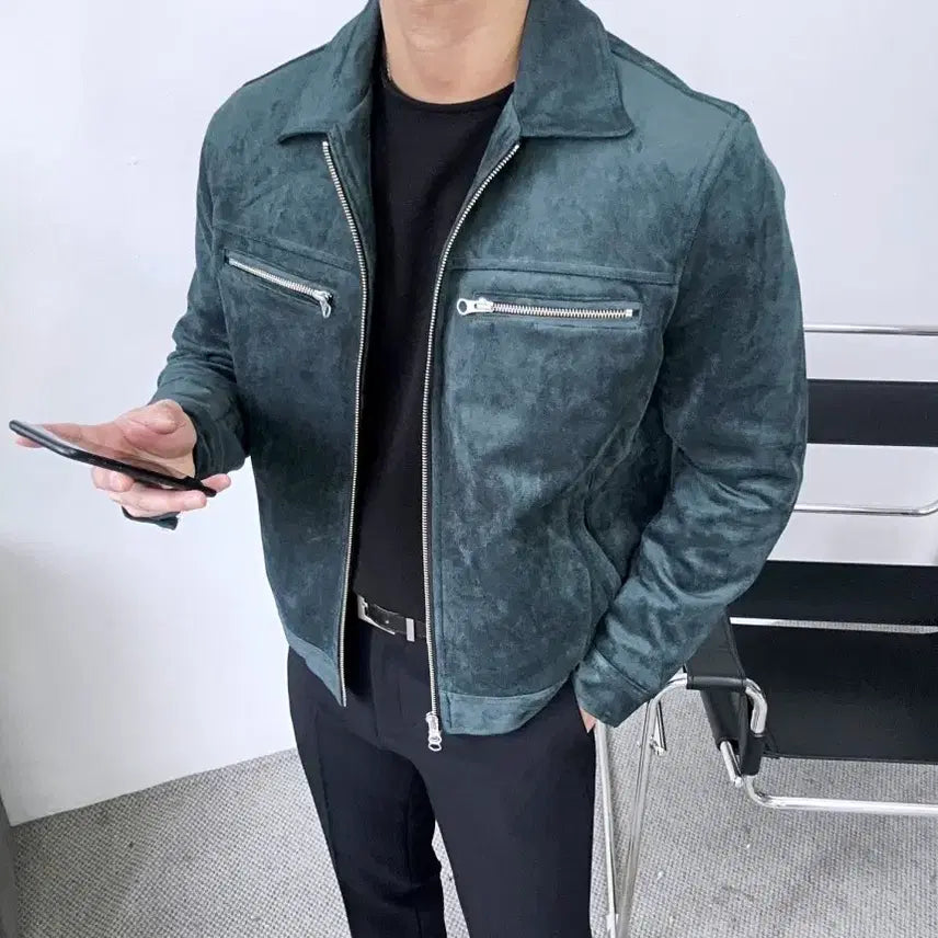 [BUNJANG] Biker Suede Jacket (Green) - Size 100 / 바이커 스웨이드 자켓 (그린) 100사이즈