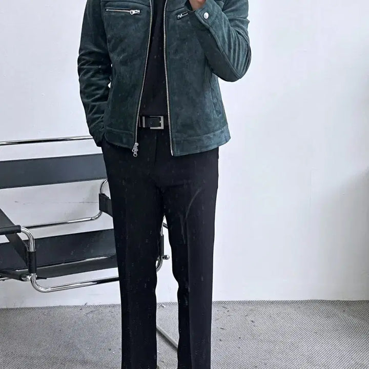 [BUNJANG] Biker Suede Jacket (Green) - Size 100 / 바이커 스웨이드 자켓 (그린) 100사이즈