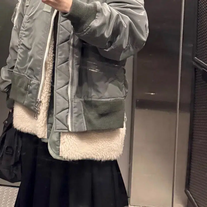 [BUNJANG] Sacai Shearling Khaki Bomber Jacket (Size 2) / 사카이 시어링 카키 봄버 자켓 (2)