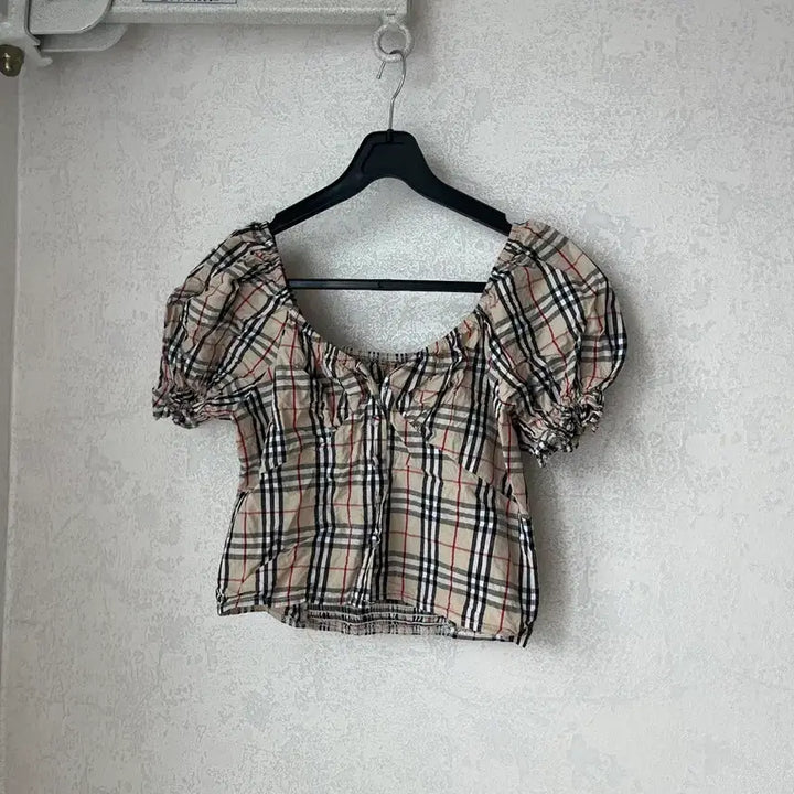 [BUNJANG] Checkered Puff Sleeve Blouse Top / (새상품,미착용)체크무늬 블라우스 퍼프 셔링 탑 프리사이즈