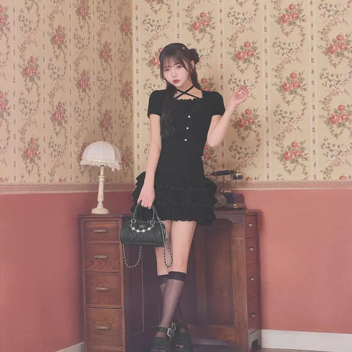 [BUNJANG] Michel Macaron Frill Layered Short Sleeve Set / 미셸마카롱 프릴 레이어드 반팔 셋업