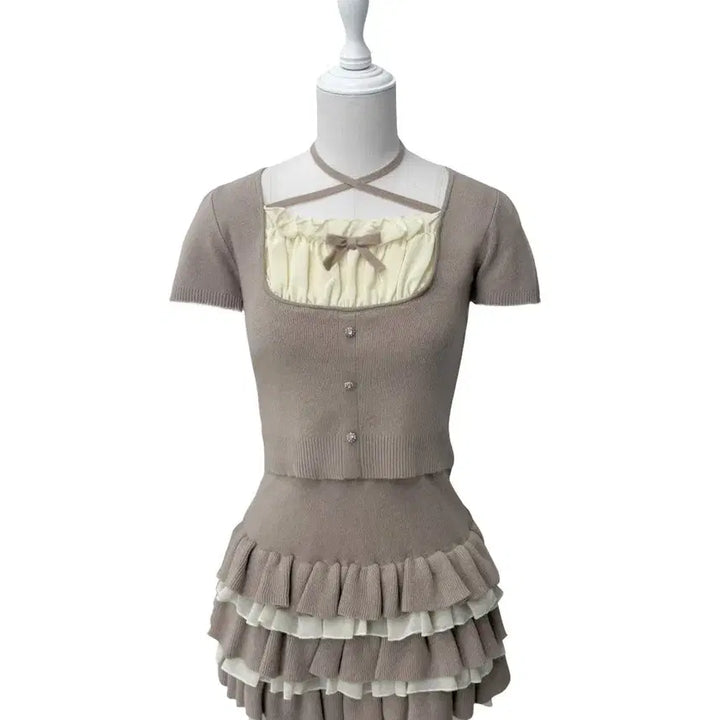 [BUNJANG] Michel Macaron Frill Layered Short Sleeve Set / 미셸마카롱 프릴 레이어드 반팔 셋업