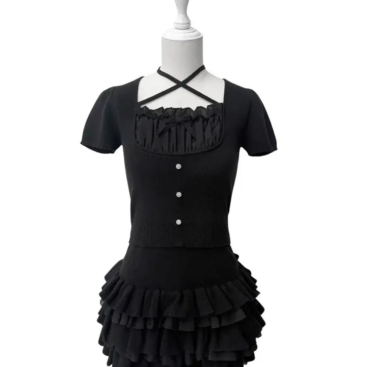 [BUNJANG] Michel Macaron Frill Layered Short Sleeve Set / 미셸마카롱 프릴 레이어드 반팔 셋업