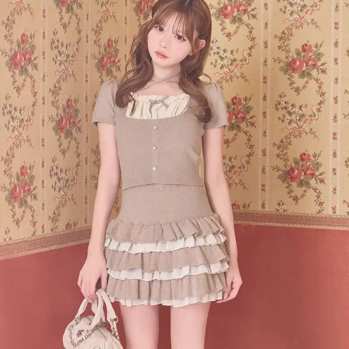 [BUNJANG] Michel Macaron Frill Layered Short Sleeve Set / 미셸마카롱 프릴 레이어드 반팔 셋업