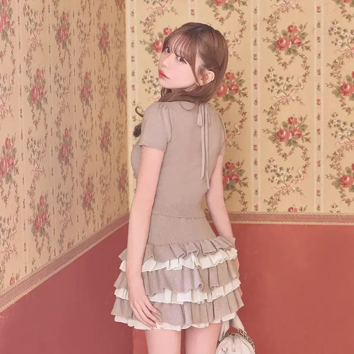 [BUNJANG] Michel Macaron Frill Layered Short Sleeve Set / 미셸마카롱 프릴 레이어드 반팔 셋업