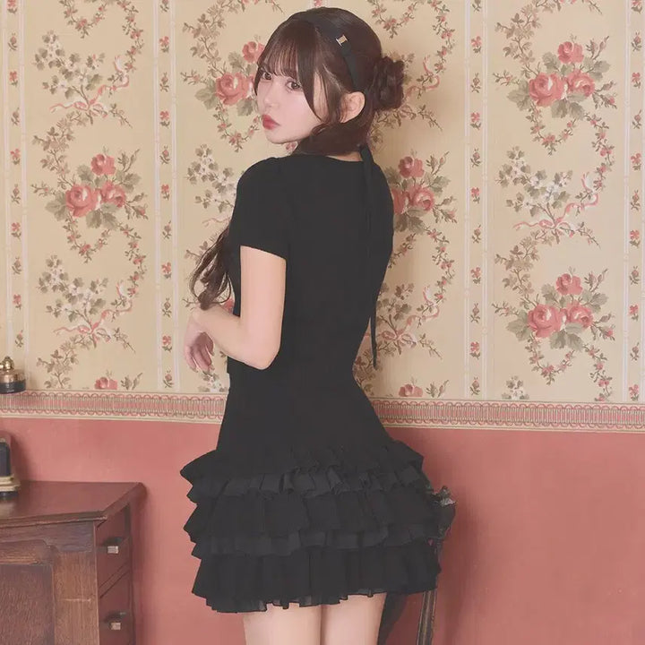 [BUNJANG] Michel Macaron Frill Layered Short Sleeve Set / 미셸마카롱 프릴 레이어드 반팔 셋업