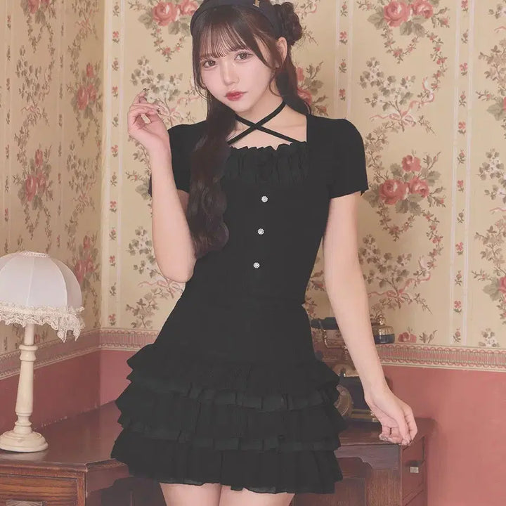 [BUNJANG] Michel Macaron Frill Layered Short Sleeve Set / 미셸마카롱 프릴 레이어드 반팔 셋업