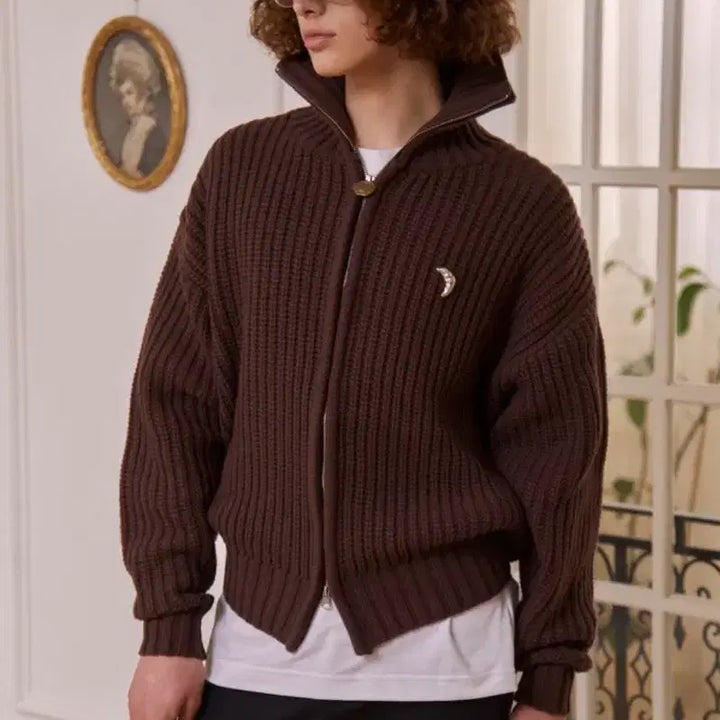 [BUNJANG] STU Brown Knit Zip-Up Cardigan / STU 브라운 니트 짚업