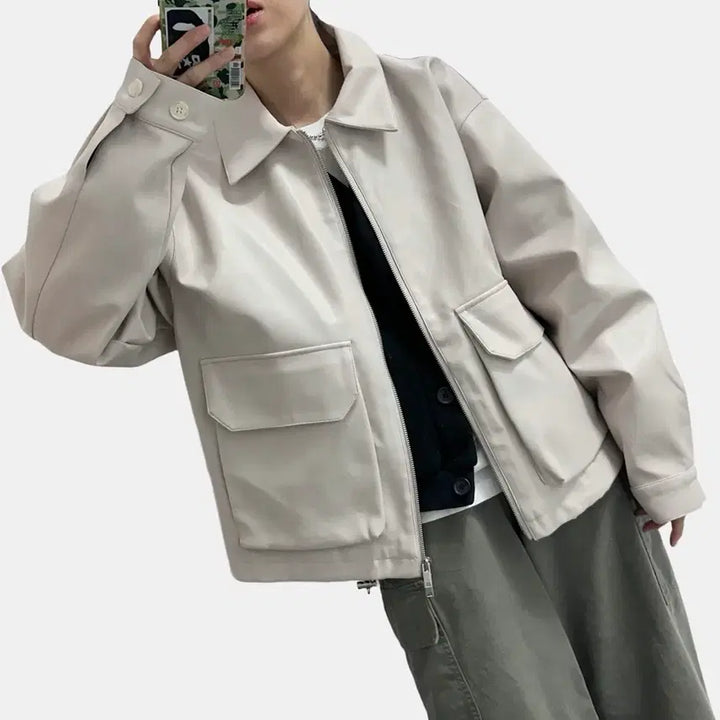 [BUNJANG] Ironic Porno Two-Way Collar Vegan Leather Jacket / 아이러니포르노 투웨이 카라넥 비건레더 자켓 (공용