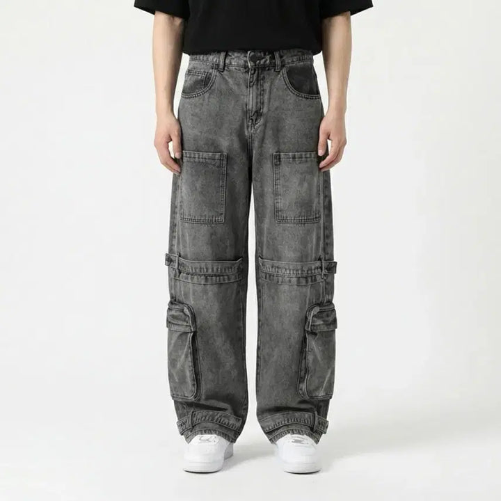 [BUNJANG] Washed Denim Cargo Wide Pants / 워싱 데님 카고 와이드 팬츠