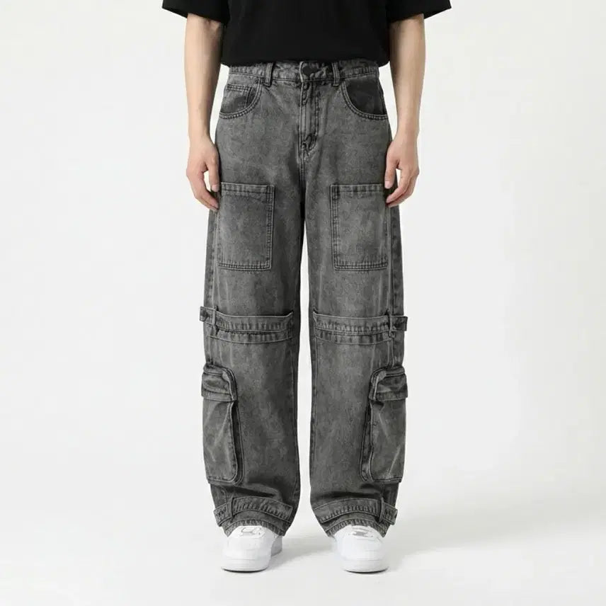 [BUNJANG] Washed Denim Cargo Wide Pants / 워싱 데님 카고 와이드 팬츠