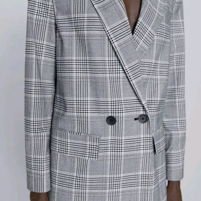 [BUNJANG] ZARA Gray Check Blazer Jacket / 자라 zara 회색 체크 블레이저 어깨패드 자켓 그레이