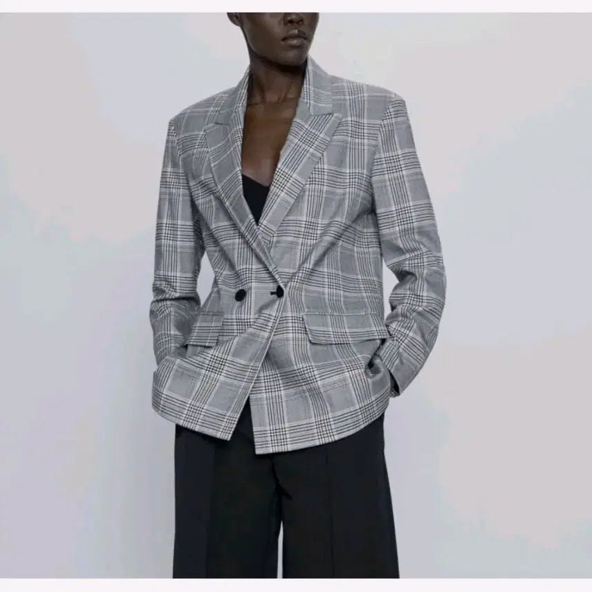 [BUNJANG] ZARA Gray Check Blazer Jacket / 자라 zara 회색 체크 블레이저 어깨패드 자켓 그레이