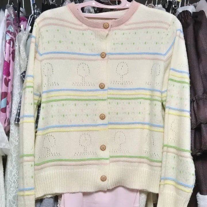 [BUNJANG] Ivory Pattern Knit Cardigan / 아이보리 패턴 니트 가디건 모리걸 러블리 히메카지 갸루 빈티지