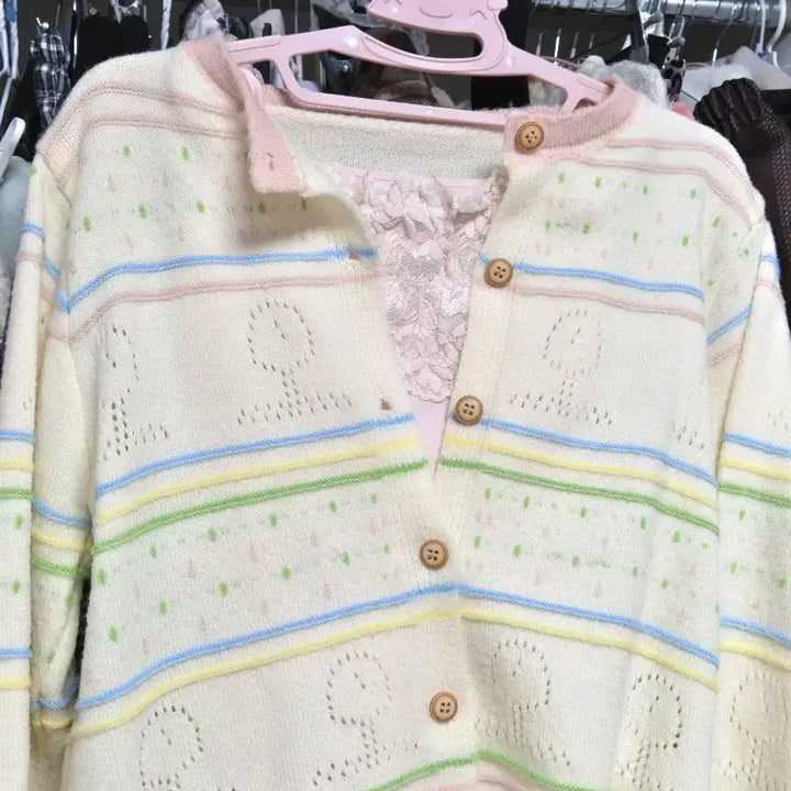 [BUNJANG] Ivory Pattern Knit Cardigan / 아이보리 패턴 니트 가디건 모리걸 러블리 히메카지 갸루 빈티지