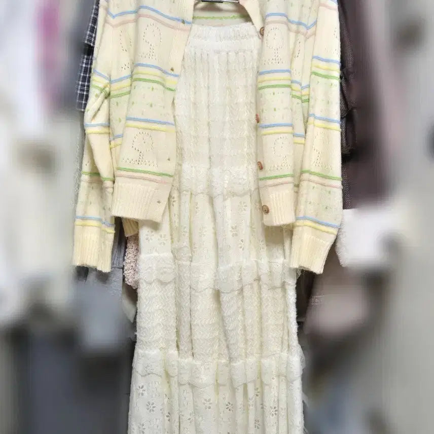 [BUNJANG] Ivory Pattern Knit Cardigan / 아이보리 패턴 니트 가디건 모리걸 러블리 히메카지 갸루 빈티지