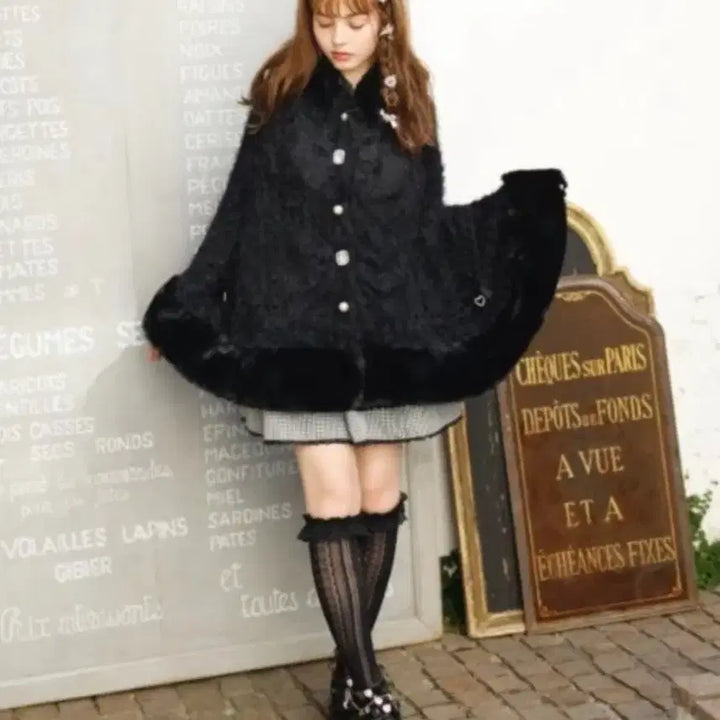 [BUNJANG] Liz Lisa Double Ribbon Knit Fur Poncho / 리즈리사 더블 리본 니트 퍼 판초 블랙 판매 단종 lizlisa