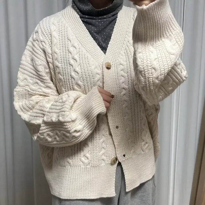 [BUNJANG] Vintage Cable Knit Cardigan / 착샷O) [일본빈티지] 폭닥우유맛 꽈배기 니트 가디건