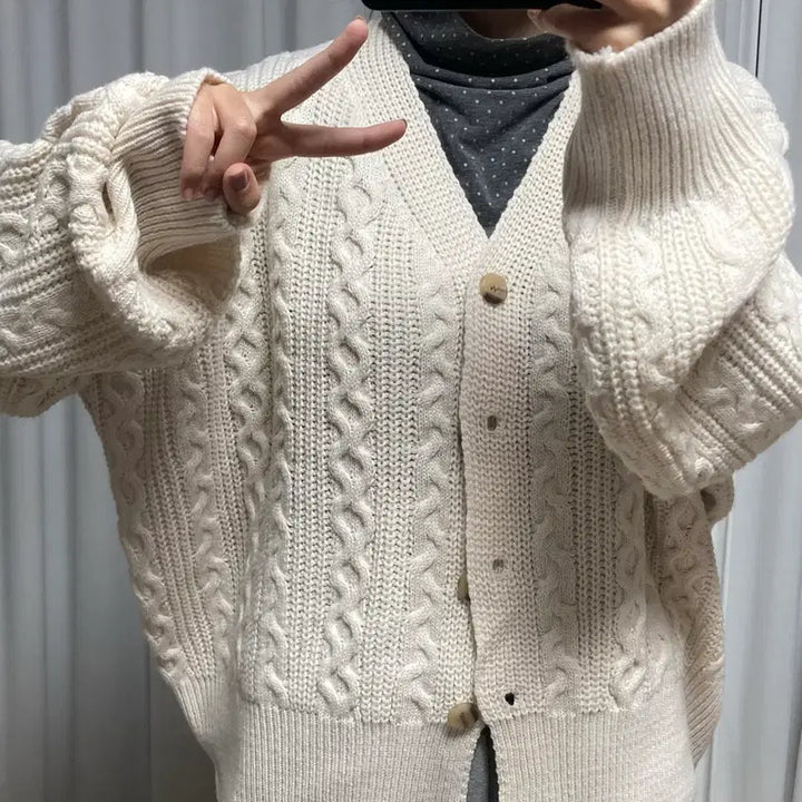 [BUNJANG] Vintage Cable Knit Cardigan / 착샷O) [일본빈티지] 폭닥우유맛 꽈배기 니트 가디건