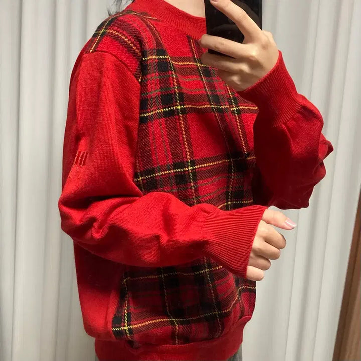 [BUNJANG] Vintage Christmas Checkered Half-Neck Knit Sweater / 착샷O) [일본빈티지] 크리스마스 체크 하프넥 니트