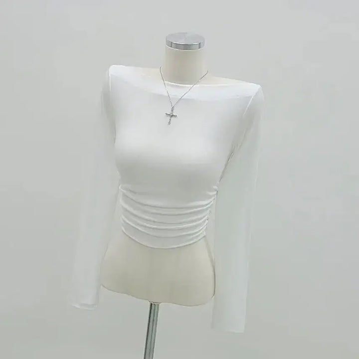 [BUNJANG] Room J White Off-Shoulder Crop Top / 룸제이 에이블리 기본 화이트 오프숄더 크롭티셔츠 보트넥 허리셔링 밑단굴림