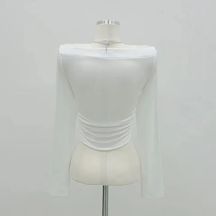 [BUNJANG] Room J White Off-Shoulder Crop Top / 룸제이 에이블리 기본 화이트 오프숄더 크롭티셔츠 보트넥 허리셔링 밑단굴림