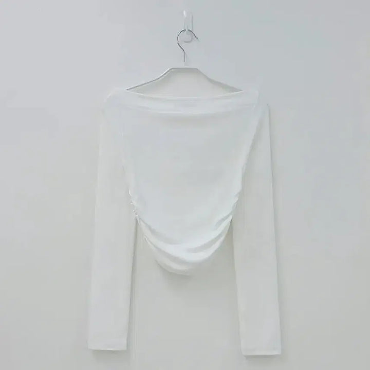 [BUNJANG] Room J White Off-Shoulder Crop Top / 룸제이 에이블리 기본 화이트 오프숄더 크롭티셔츠 보트넥 허리셔링 밑단굴림