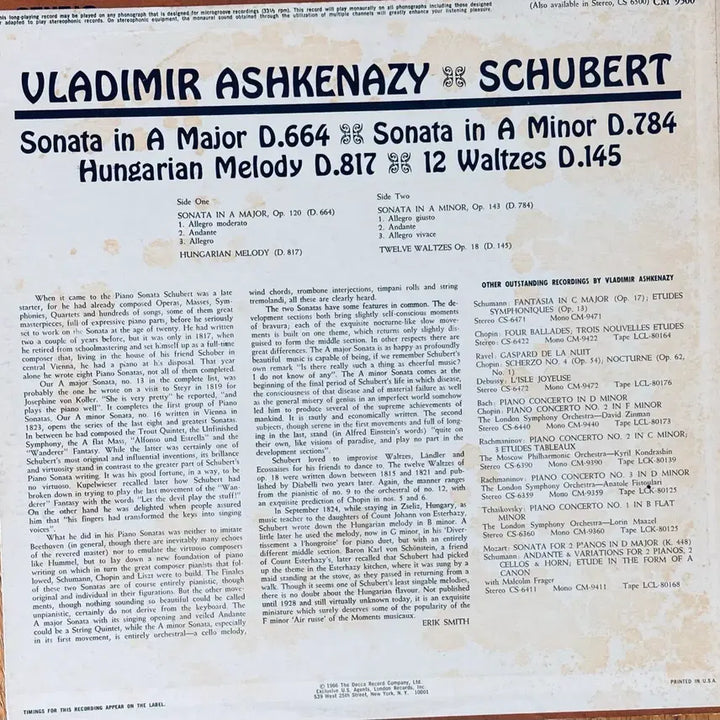 [BUNJANG] Vladimir Ashkenazy Schubert Sonata LP Vinyl Record / 아슈케나지 슈베르트 소나타 LP 음반