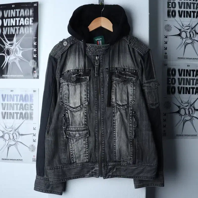 [BUNJANG] Crooks Denim Windbreaker Jacket / (XL) 크럭스 집업 바람막이 점퍼자켓 후드 데님 흑청-174F9